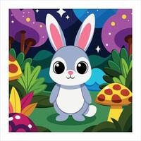 A cartoon rabbit in the forest with mushrooms and trees vector