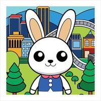 A cartoon rabbit with a city in the background vector