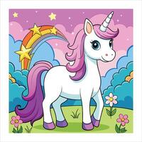 A cartoon unicorn standing in the field with stars and rainbows vector