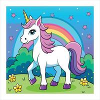 A cartoon unicorn standing in the grass with a rainbow in the background vector