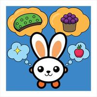 An illustration of a rabbit with food and thought bubbles vector