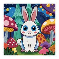 A cartoon rabbit in the forest with mushrooms vector