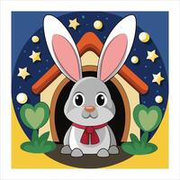 A cartoon rabbit sitting in front of a house with stars vector