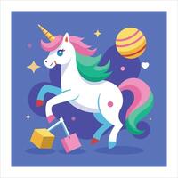 A cartoon unicorn with a box and a planet vector