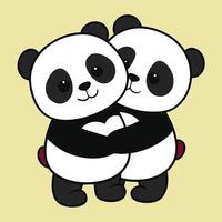 Two panda bears hugging each other on a yellow background vector