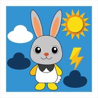 A cartoon rabbit with a sun and clouds vector