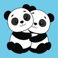 Two panda bears hugging on a blue background vector