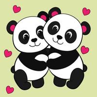 Two panda bears hugging each other with hearts around them vector