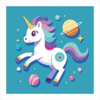 An illustration of a unicorn with planets and stars vector