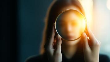 Woman holds magnifying glass reflecting sunlight in a dimly lit room, creating an intriguing visual effect photo