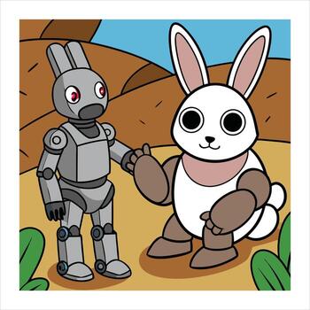 un dibujos animados Conejo y robot en pie siguiente a cada otro vector