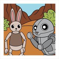 A cartoon rabbit and robot in the desert vector