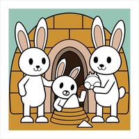 Bunny family with eggs and a baby in a hut vector