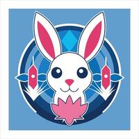 A cartoon rabbit with pink flowers in the center of a blue circle vector