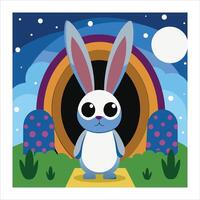 An illustration of a bunny in front of a rainbow vector