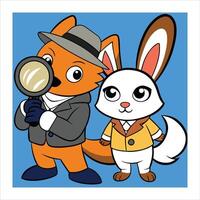 A cartoon fox and rabbit are holding magnifying glasses vector