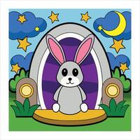 A cartoon rabbit sitting in a hole with stars and moon vector