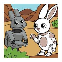 A cartoon rabbit and robot in the desert vector