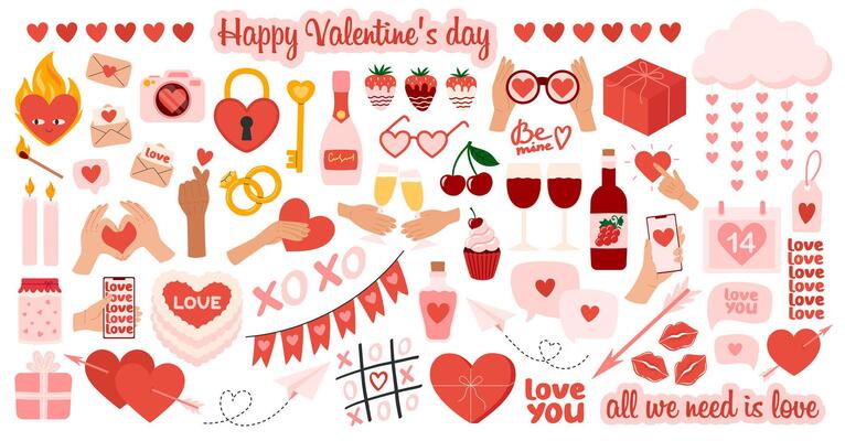 Love elements set. Valentine s day stickers and greeting cards. Hearts, gifts, sweets, cake, envelopes and other romantic symbols. Flat illustration isolated on white background