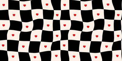 Checkerboard background with minimalist hand-drawn red hearts. Geometric black and white square texture in vintage style. Gingham wallpaper for print templates or textiles. Hippie 70s pattern. vector