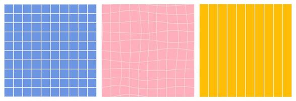 Groovy checkered seamless patterns in blue, pink, and yellow colors. Retro funky background with distorted grid tile pattern set. Gingham wallpaper for print templates or textiles. vector