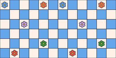 Colorful groovy pattern with flowers on a blue checkered background. Groovy, funky, trippy, psychedelic, floral, hippie, 60s, 70s, checkerboard, distorted grid pattern. Textile. vector