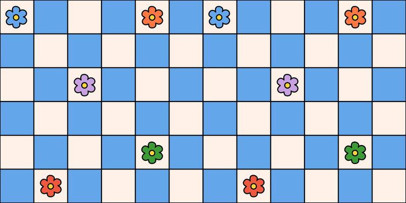 Colorful groovy pattern with flowers on a blue checkered background. Groovy, funky, trippy, psychedelic, floral, hippie, 60s, 70s, checkerboard, distorted grid pattern. Textile.