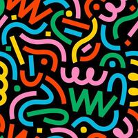 Geometric grunge pattern. Abstract art background in Memphis style in the brutalist style. Wavy and swirled brush strokes. Black, pink, red, blue, green, and yellow colors. vector