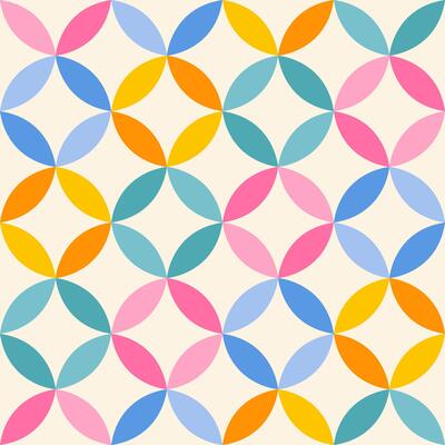 Wallpaper with seamless geometric circular pattern in retro 70s style. The design features circles with stars. Rainbow palette.