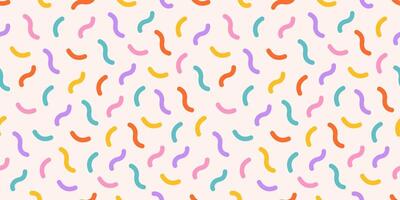 Pastel rainbow cake sprinkle pattern. 80s Birthday. Funky confetti background. Donuts glaze, dessert background. Memphis style. Curved lines. Celebration design. Background for wrapping paper vector