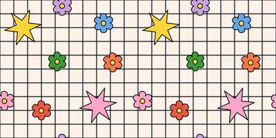 Checkered pattern with flowers and geometry shapes vector