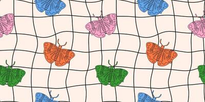 Checkered liquid pattern with butterflies. Y2k seamless pattern with butterflies. Fashion design, textile, fabric collection. Orange, pink, green and blue colours. Trendy retro 2000s style. vector