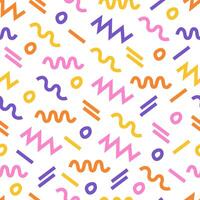 Fun and colorful seamless pattern. Abstract art background in Memphis style. Wavy and swirled strokes. Curved lines. Simple and childish scribble pattern. Design for gift cards, holidays, and web. vector