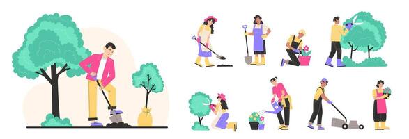 Set of characters working in the garden, including men and women trimming bushes, cutting grass, planting, digging, and watering vector