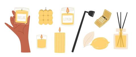 Set of relaxation candles with lemon and citrus scents, accompanied by a fragrance oil reed diffuser vector