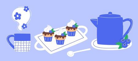 Cupcakes with Blackberry and Cream, Tea Cup, and Teapot vector