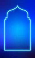 Blue mosque window frame in neon style. vector