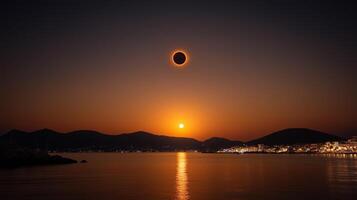 Stunning sunset and solar eclipse over tranquil waters with mountains in the background photo