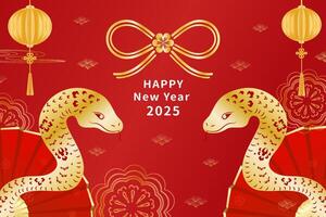 Chinese new year of the Snake greeting card golden red snake traditional lantern and spiral cloud vector