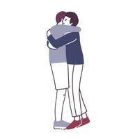 Pair of smiling young men standing and embracing each other or hugging. Happy meeting of friends or brothers. Cute male cartoon characters isolated on white background. Colored illustration vector