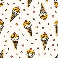 Creative seamless pattern with ice cream in wafer, waffle or sugar cone. Backdrop with delicious frozen dessert. illustration in line art style for wrapping paper, textile print, wallpaper vector