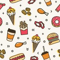 Modern seamless pattern with fast food. Colorful backdrop with various meals - ice cream, burger, donut, french fries, hot dog, fried chicken. illustration for wrapping paper, textile print vector