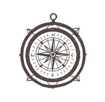 Vintage magnetic compass hand drawn with outlines on white background. Touristic instrument for navigation, orientation, destination finding, tourism and adventure travel. illustration vector