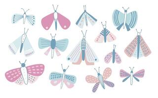 Bundle of pastel colored cartoon moths of different types and sizes isolated on white background. Set of nocturnal flying insects with beautiful wings, butterflies. Colored illustration vector