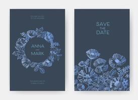 Collection of vertical floral invitation with gorgeous blooming rose flowers and leaves hand drawn with pink contour lines on dark background. Beautiful botanical illustration for advertisement vector
