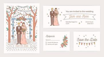 Collection of Save The Date card, wedding party invitation and response note templates with cartoon bride and groom on white background. Colorful illustration for in modern line art style vector
