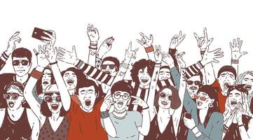 Crowd of happy people or music fans screaming, singing and dancing with raised hands. Excited spectators or audience of summer open air festival. Colored hand drawn realistic illustration vector