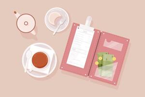 Cup of tea, cake on plate, creamer, opened bill holder with restaurant check, money banknotes and coins, top view. Guest's payment for cafe service. Colorful illustration in flat style vector