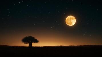 Majestic full moon shining over a silhouette of a lone tree in the peaceful twilight sky photo