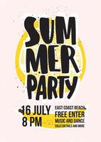 Summer beach party invitation or poster template with lettering handwritten against slice of juicy yellow lemon and banana on background. illustration for seasonal open air event announcement. vector